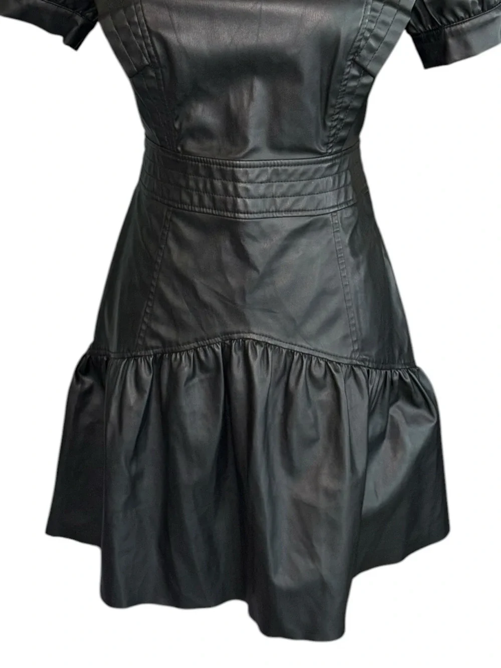 LN Zara Black Faux Leather Puff Sleeve Flared Mini Dress - XS